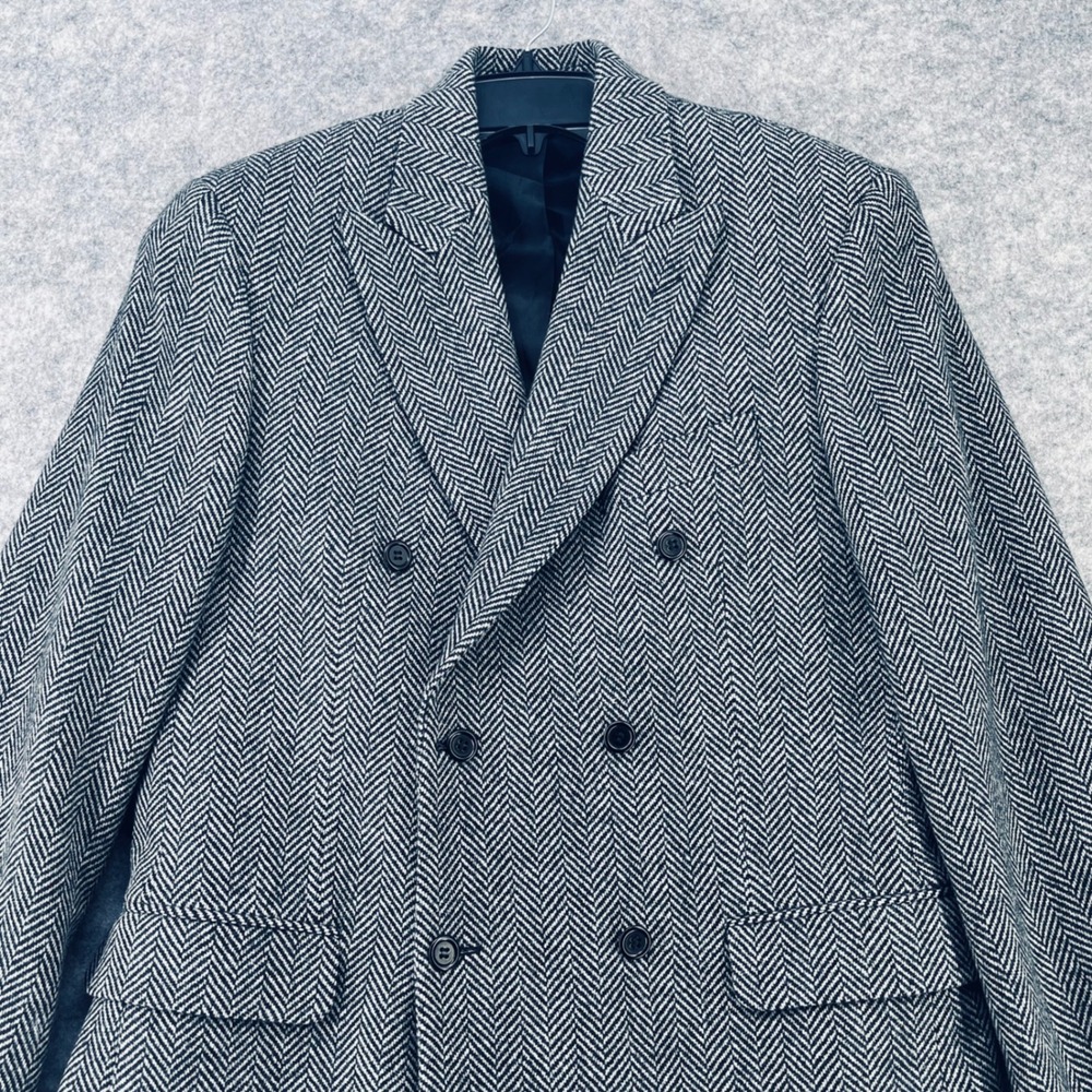 J. Peterman Blazer Men 40 Grey Tweed Herringbone Double Breasted Wool Blend Coat